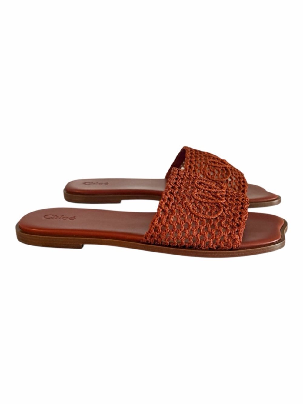 Chloé Flower Leather Crochet Logo Slide Sandals 37.5 / US 7.5 Rust Brown New - Picture 2 of 8
